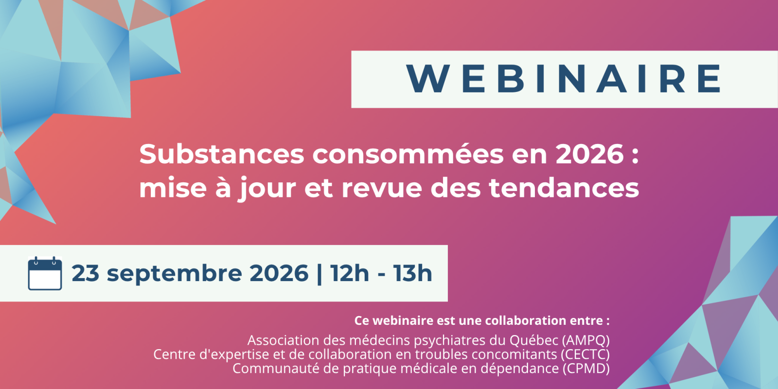 Visuel du webinaire de mise à jour sur les substances pour les psychiatres du 23 septembre 2026